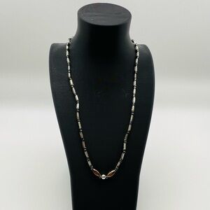 Vintage Mixed Metal Bead Necklace Brown Silver Tube Beads